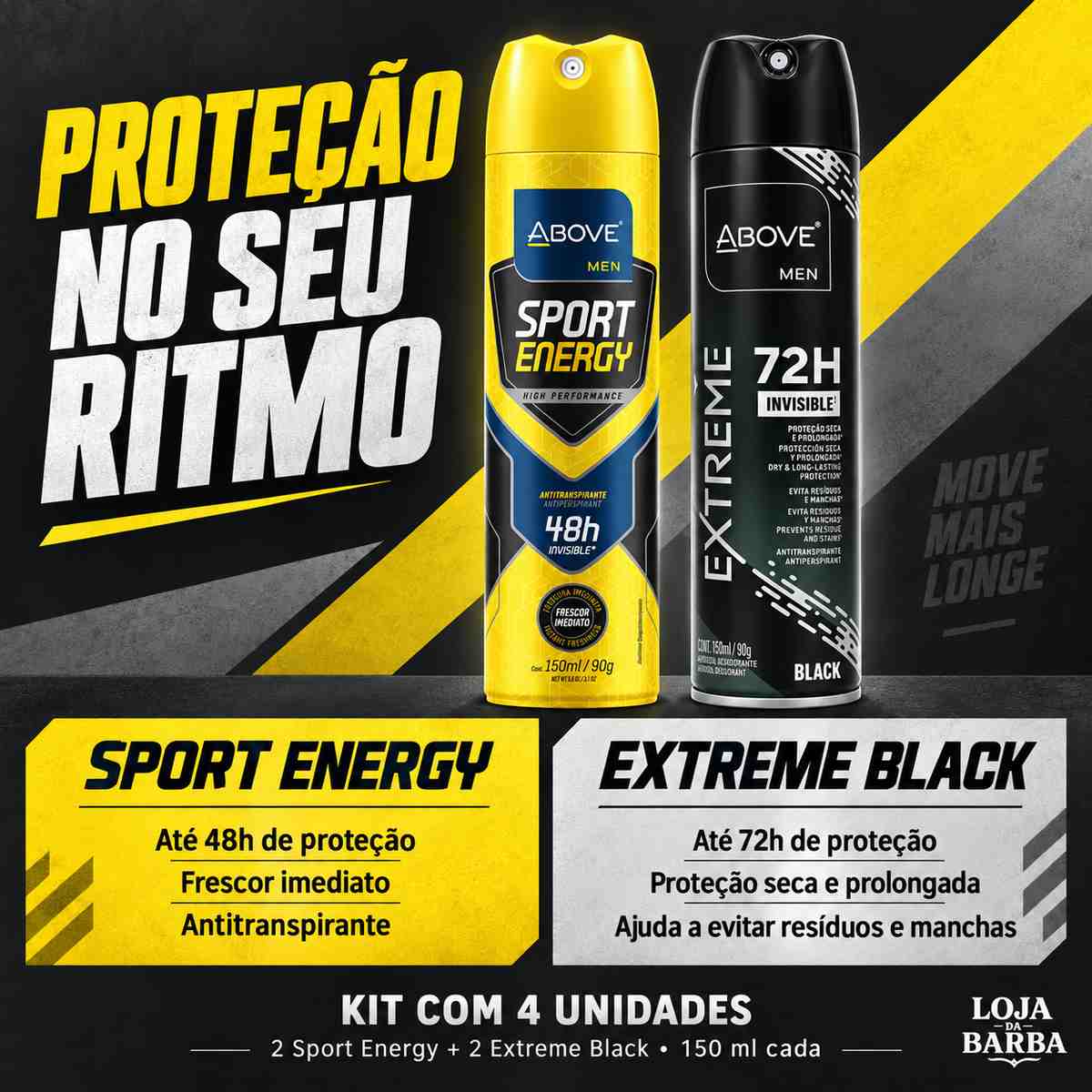 Kit 4 Desodorantes Above Men Sport Energy + Extreme Black — ABOVE