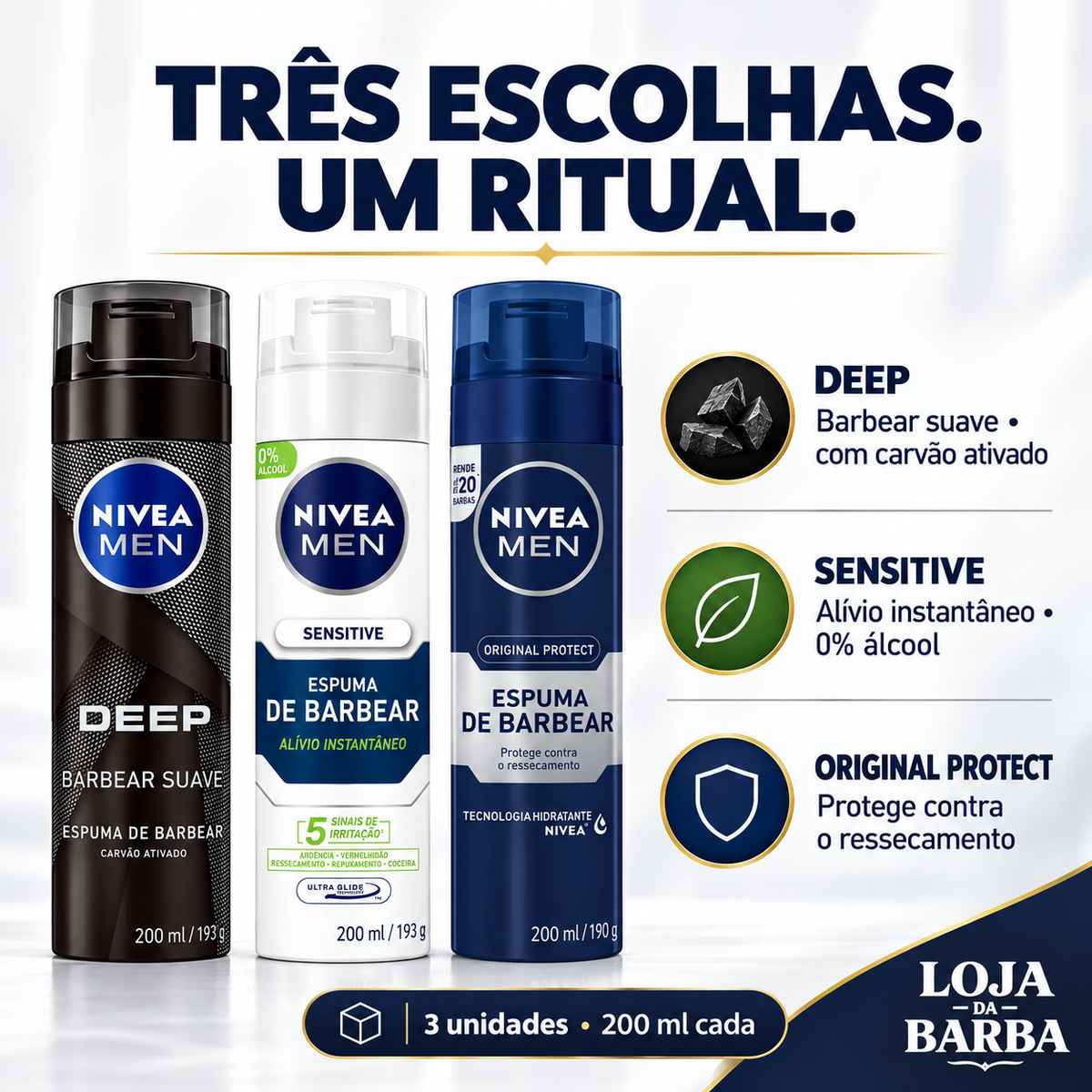 Kit 3 Espumas NIVEA MEN Deep + Sensitive + Original Protect — NIVEA MEN