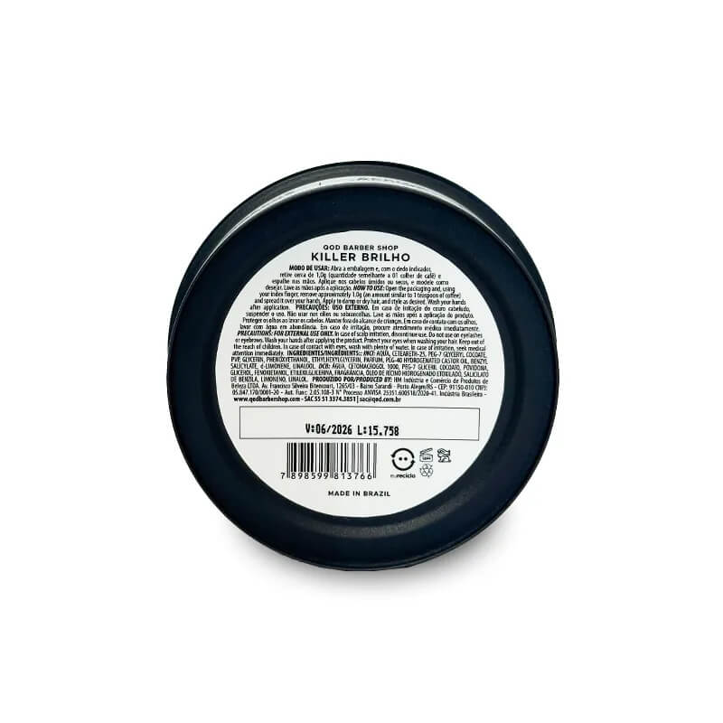 Pomada Modeladora QOD Killer Brilho Alta Fixação 70g — QOD BARBER SHOP